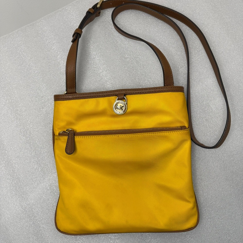 Michael Kors Kempton Yellow Nylon Crossbody Bag Brown Trim 32S5GKPC9C
